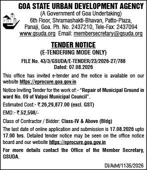 Goa State Urban Development Agency (GSUDA) Tender Notice for Repair of Municipal Ground in Valpoi (August 2026)