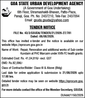 Goa State Urban Development Agency Tender Notice for Sub-center Kundaim Renovation Works