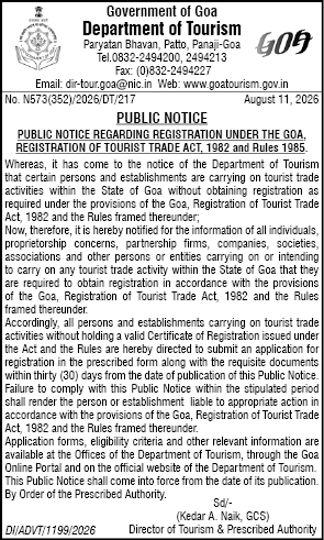 Goa Tourism Department Mandatory Registration Notice (August 2026)