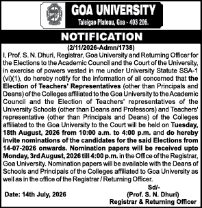 Goa University Notification for Teachers' Representatives Elections 2026