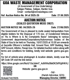 Goa Waste Management Corporation Vehicle Auction Notice