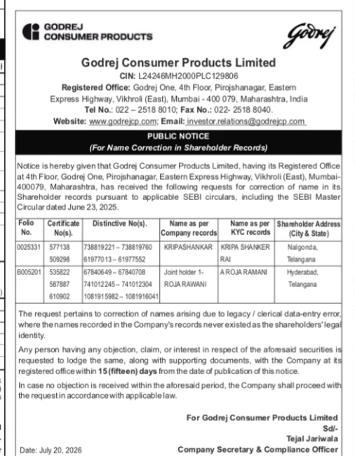 Godrej Consumer Products Limited Public Notice for Name Correction in Shareholder Records