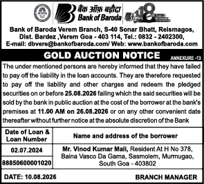 Gold Auction Notice: Bank of Baroda Verem Branch