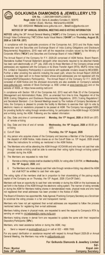 Golkunda Diamonds & Jewellery Ltd: Notice of 36th Annual General Meeting and E-Voting Information
