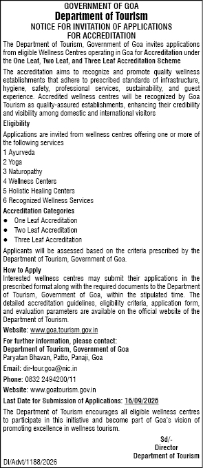 Government of Goa Department of Tourism Notice for Invitation of Applications for Accreditation