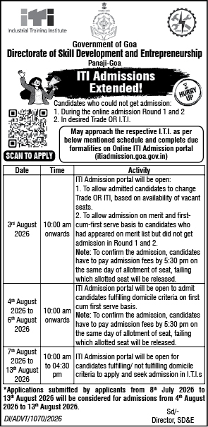 Government of Goa ITI Admissions Extended 2026 Schedule