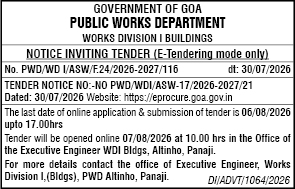 GOVERNMENT OF GOA PUBLIC WORKS DEPARTMENT NOTICE INVITING TENDER