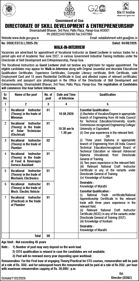 Government of Goa - Walk-in-Interview Notification for Guest Lecturer Vocational Instructors (2026)