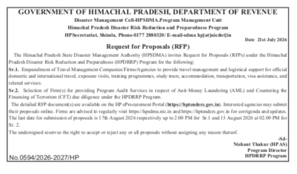 Government of Himachal Pradesh Request for Proposals (RFP) for HPDRRP Program (July 2026)
