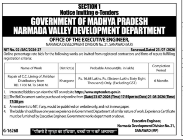 Government of Madhya Pradesh Narmada Valley Development Department Notice Inviting e-Tenders