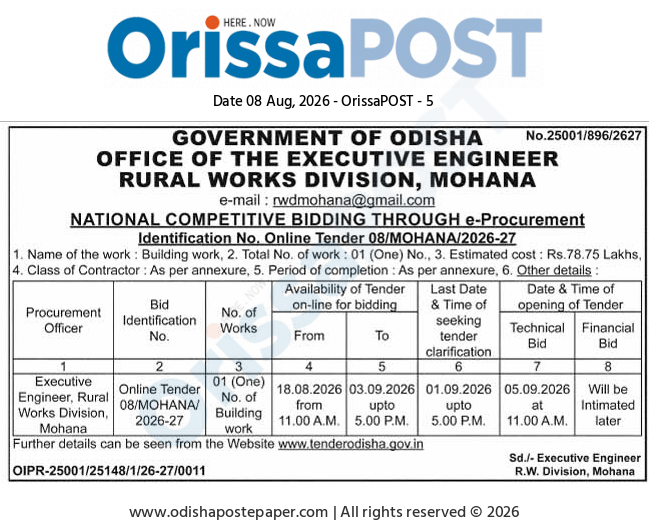 Government of Odisha Rural Works Division Tender Notice