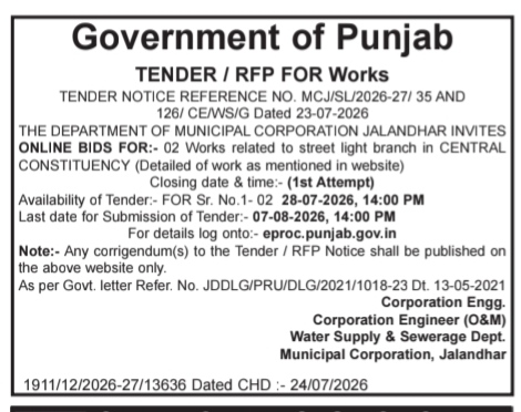 Government of Punjab Municipal Corporation Jalandhar Street Light Tender Notice (July 2026)