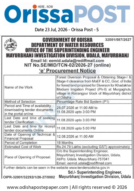Government Tender Notice for Khadakhai Medium Irrigation Project