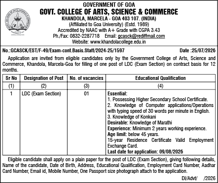 Govt. College of Arts, Science & Commerce, Khandola LDC Recruitment 2026