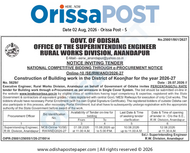 Govt. of Odisha Notice Inviting Tender (Construction of Building Work in Keonjhar District for 2026-27)