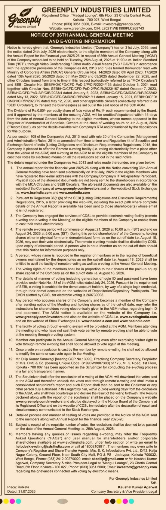 GREENPLY INDUSTRIES LIMITED: 36th Annual General Meeting Notice and E-Voting Information