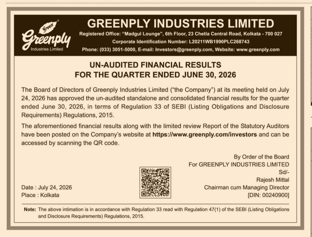 Greenply Industries Limited: Unaudited Financial Results for Q1 Ended June 30, 2026