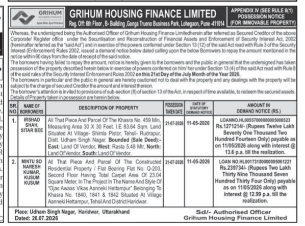 Grihum Housing Finance Limited Possession Notice