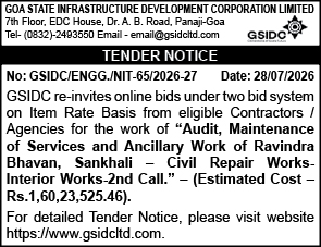 GSIDC Tender Notice: Civil & Interior Repair Works at Ravindra Bhavan, Sankhali