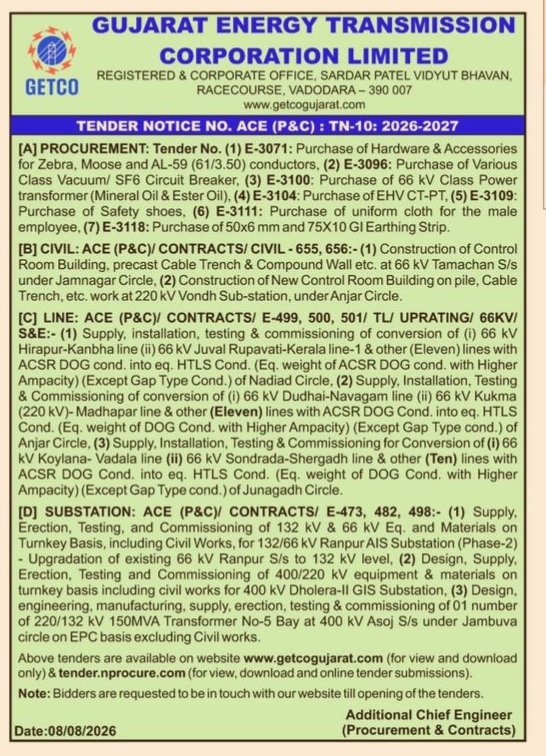Gujarat Energy Transmission Corporation Limited (GETCO) Tender Notice No. ACE (P&C) : TN-10: 2026-2027