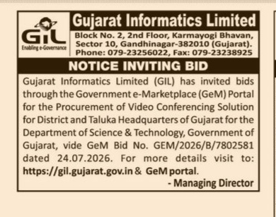 Gujarat Informatics Limited Notice Inviting Bid for Video Conferencing Solution