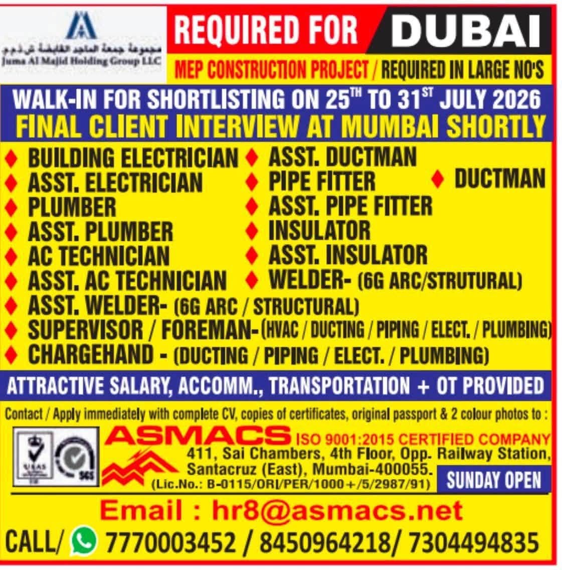 Gulf Job Openings: Large Requirements for MEP Trades in Dubai