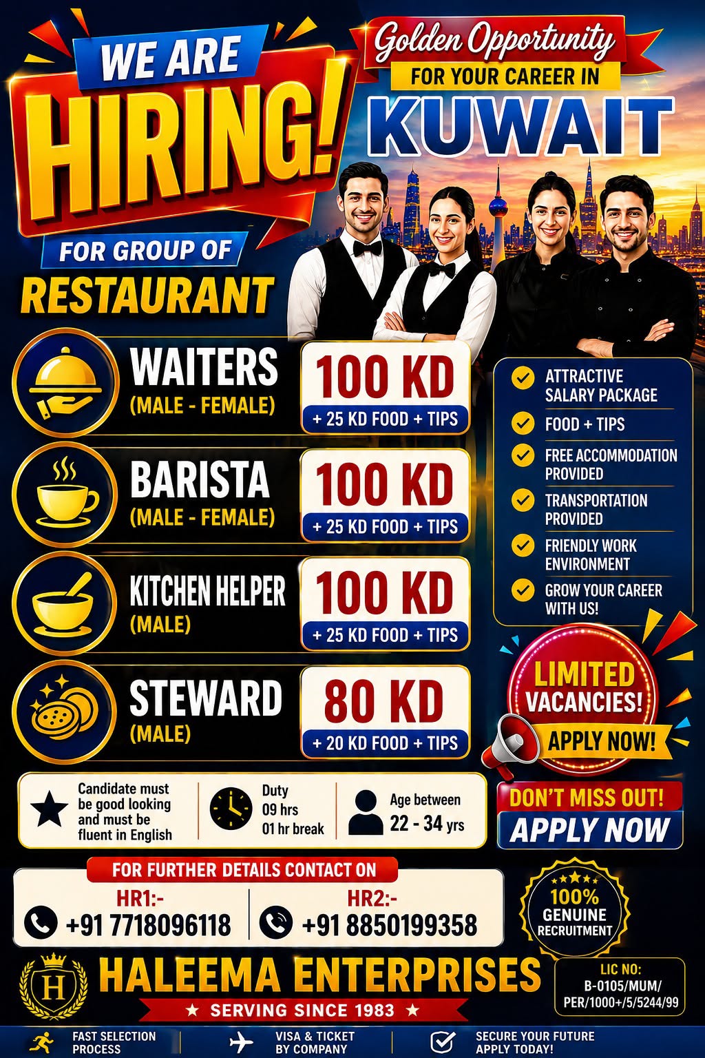 Haleema Enterprises detailing job vacancies for a restaurant group in Kuwait.