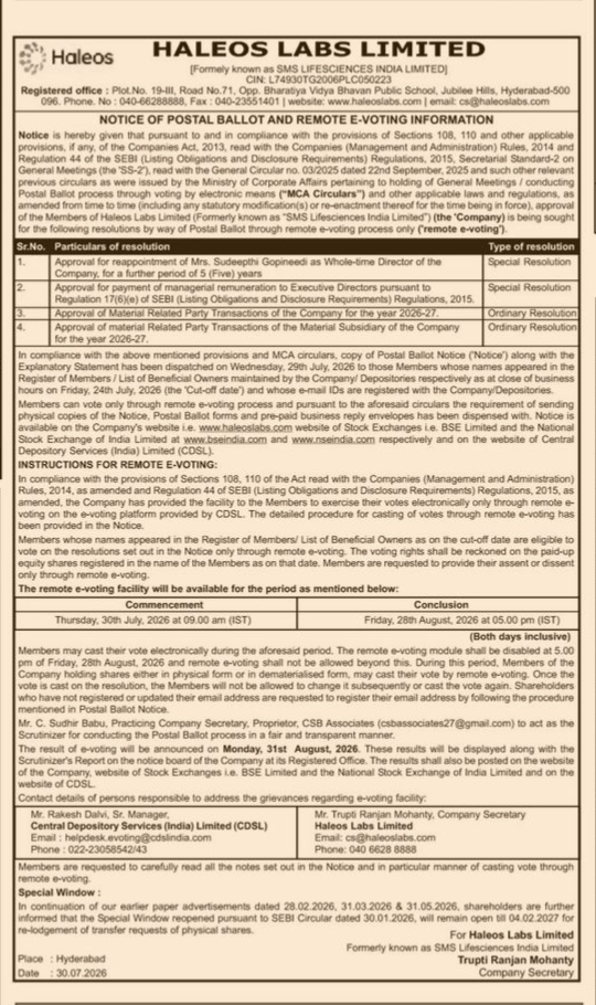 Haleos Labs Limited Remote E-Voting & Postal Ballot Notice (July 2026)