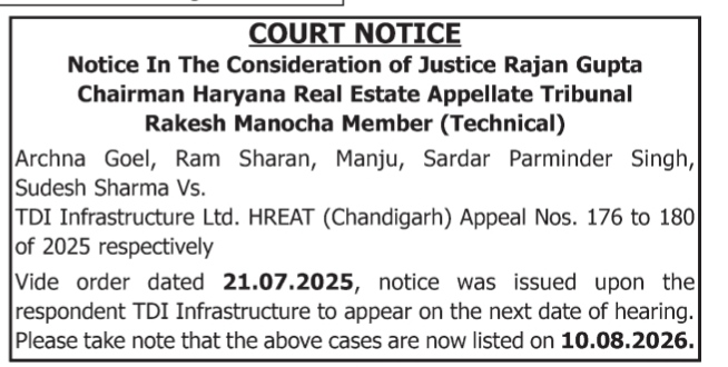 Haryana Real Estate Appellate Tribunal Court Notice for TDI Infrastructure Ltd.