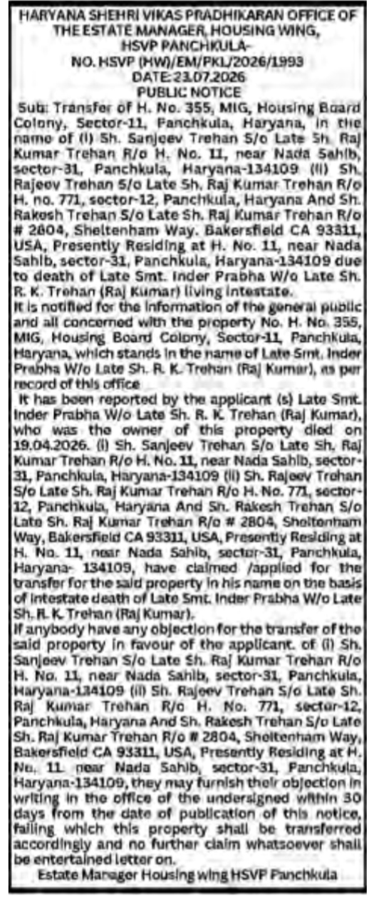 Haryana Shehri Vikas Pradhikaran (HSVP) Public Notice for Property Transfer