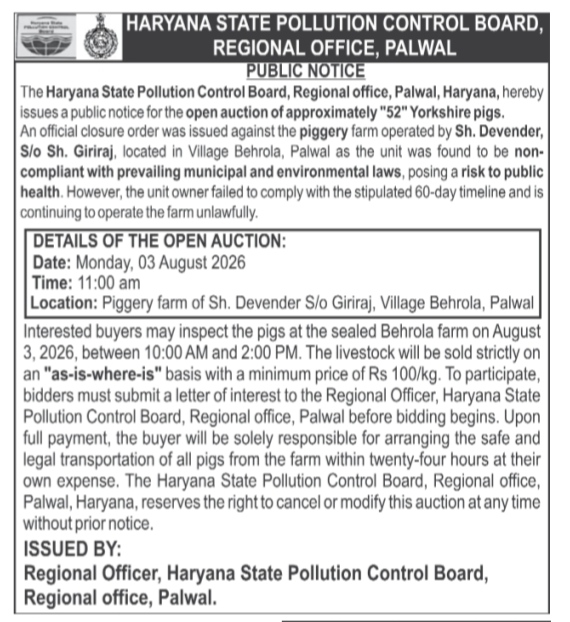 Haryana State Pollution Control Board Public Notice: Open Auction of Pigs in Palwal