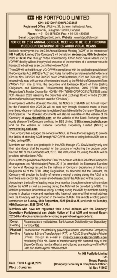 HB Portfolio Limited: Notice of 31st Annual General Meeting (AGM)
