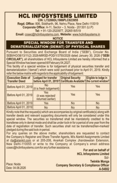 HCL Infosystems Limited: Special Window for Physical Share Transfer and Dematerialization Notice
