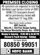 HDFC Bank Caranzalem Retail Loan Service Center Permanent Closing Notice