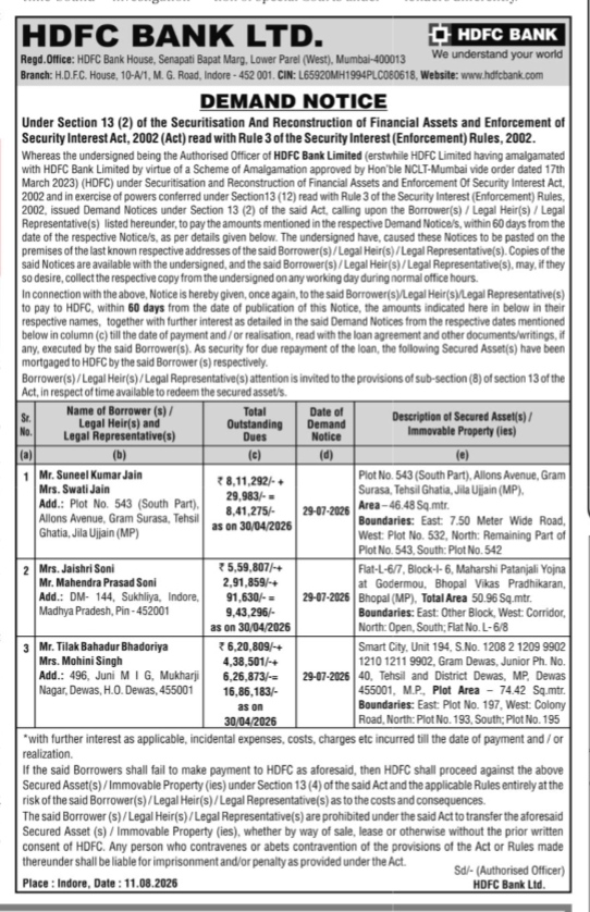 HDFC Bank Demand Notice (SARFAESI Act)