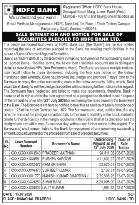 HDFC Bank Notice for Sale of Pledged Securities