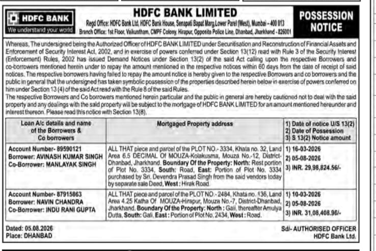 HDFC Bank Public Possession Notice Under SARFAESI Act