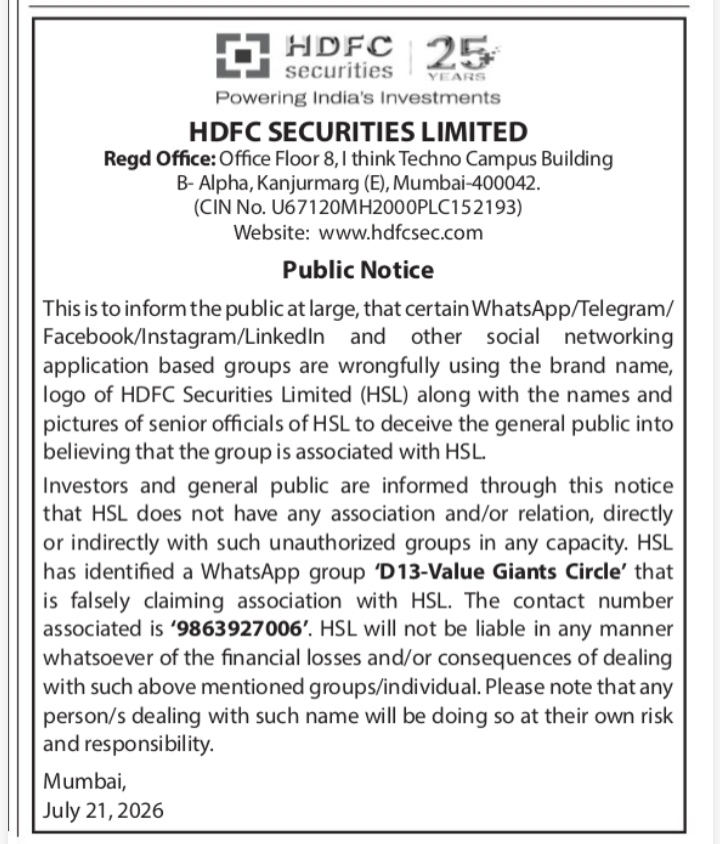 HDFC Securities Issues Public Notice Warning Against Fraudulent Social Media Groups Falsely Claiming Association