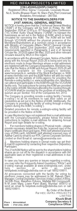 HEC Infra Projects Limited: Notice of 21st Annual General Meeting