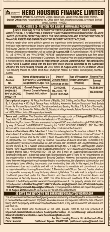 Hero Housing Finance E-Auction Notice (August 2026)