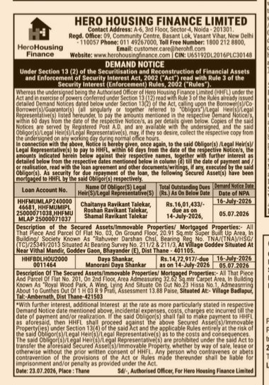 Hero Housing Finance Limited - Public Demand Notice
