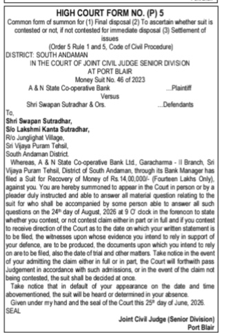 High Court Summons for Money Suit (No. 46 of 2023)