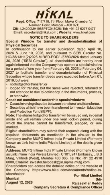 Hikal Limited Notice to Shareholders: Special Window for Transfer and Dematerialisation of Physical Securities