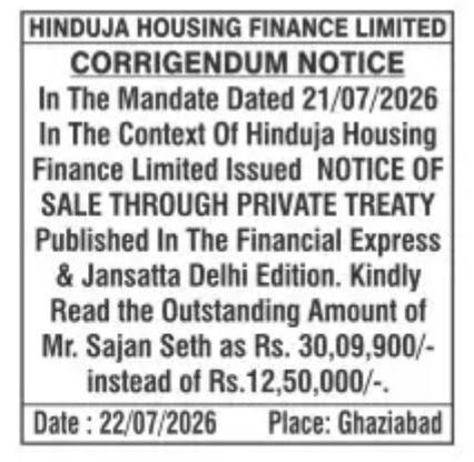 Hinduja Housing Finance Limited Corrigendum Notice