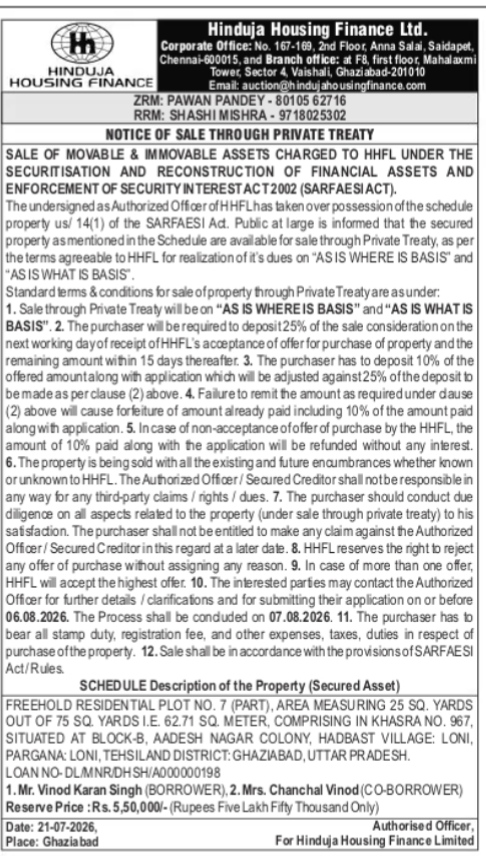 Hinduja Housing Finance Private Treaty Sale Notice for Ghaziabad Property (August 2026)