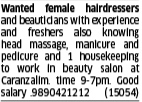 Hiring: Female Beauticians, Hairdressers & Housekeeping