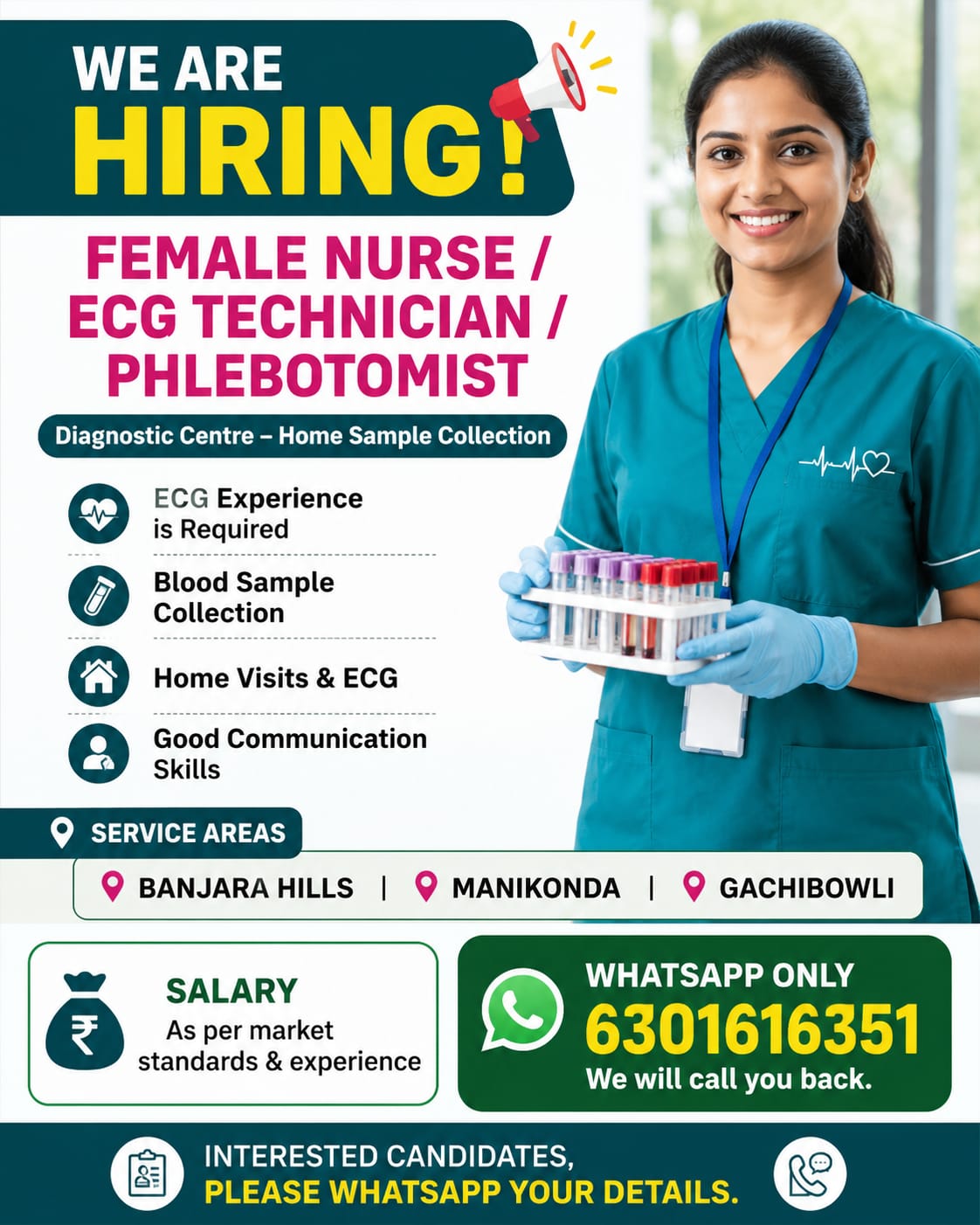 Hiring Female Nurse / ECG Technician / Phlebotomist