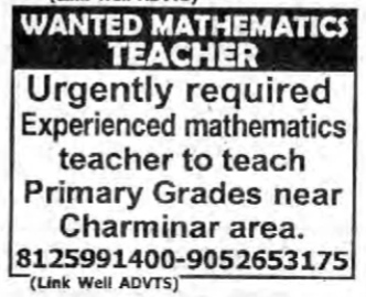 HIRING FOR AN EXPERIENCED MATHS TEACHER-CHARMINAR