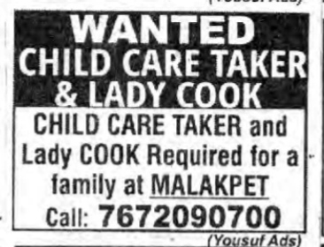 HIRING FOR CARE TAKER AND LADY COOK- MALAKPET