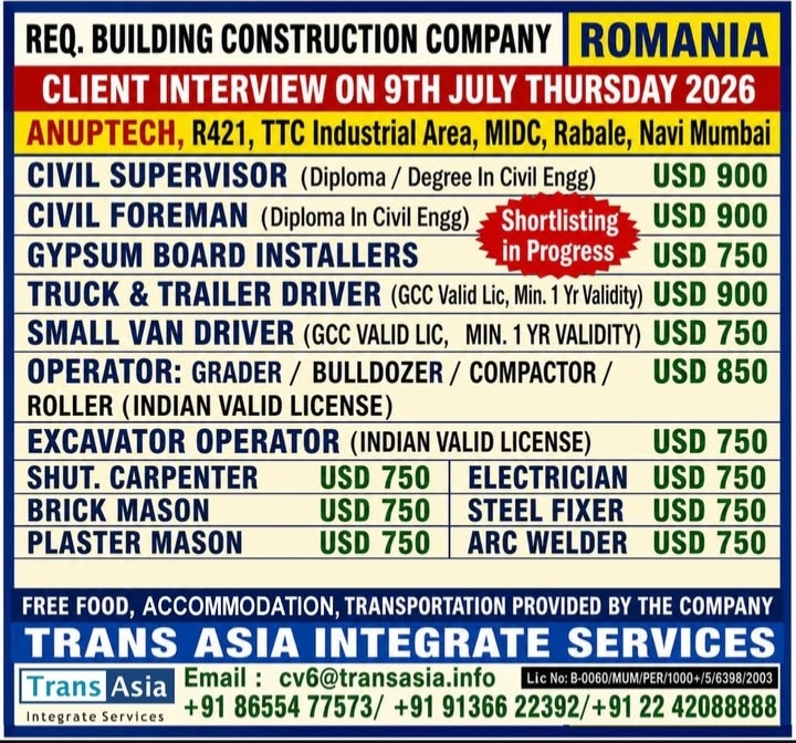 HIRING FOR CONSTRUCTION COMPANY OF ROMANIA